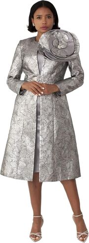 Tally Taylor Women's Church Dress & Jacket Set – Elegant Duster Style w/Flower Brooch – Brocade & Silk-Look, Regular - 4859 in Saudi Arabia