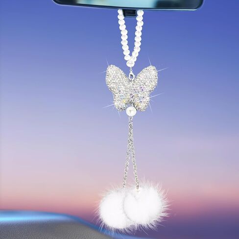 Bling Butterfly Diamond Rear View Mirror Car Hanging Accessories, Crystal Butterfly & Plush Ball Car Charms Decorative Accessories for Women, Lucky Presents Hanging Ornament Pendant Decor in Saudi Arabia
