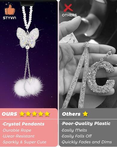 Bling Butterfly Diamond Rear View Mirror Car Hanging Accessories, Crystal Butterfly & Plush Ball Car Charms Decorative Accessories for Women, Lucky Presents Hanging Ornament Pendant Decor in Saudi Arabia