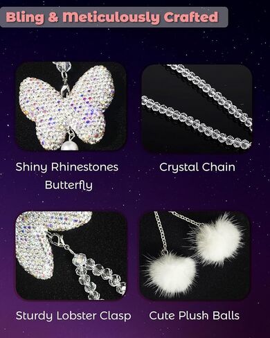 Bling Butterfly Diamond Rear View Mirror Car Hanging Accessories, Crystal Butterfly & Plush Ball Car Charms Decorative Accessories for Women, Lucky Presents Hanging Ornament Pendant Decor in Saudi Arabia