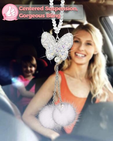 Bling Butterfly Diamond Rear View Mirror Car Hanging Accessories, Crystal Butterfly & Plush Ball Car Charms Decorative Accessories for Women, Lucky Presents Hanging Ornament Pendant Decor in Saudi Arabia