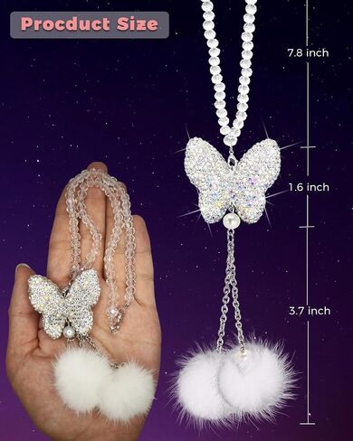 Bling Butterfly Diamond Rear View Mirror Car Hanging Accessories, Crystal Butterfly & Plush Ball Car Charms Decorative Accessories for Women, Lucky Presents Hanging Ornament Pendant Decor in Saudi Arabia