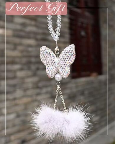 Bling Butterfly Diamond Rear View Mirror Car Hanging Accessories, Crystal Butterfly & Plush Ball Car Charms Decorative Accessories for Women, Lucky Presents Hanging Ornament Pendant Decor in Saudi Arabia