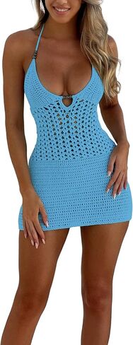 Women's Sexy Knit Hollow Out Cinch Waist Backless Halter Mini Dress Halter V Neck Beach Summer Cover Up Sundress in Saudi Arabia