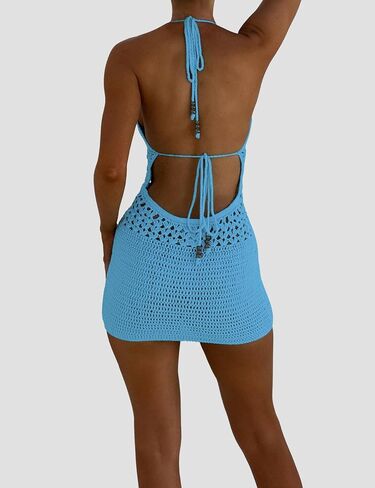Women's Sexy Knit Hollow Out Cinch Waist Backless Halter Mini Dress Halter V Neck Beach Summer Cover Up Sundress in Saudi Arabia