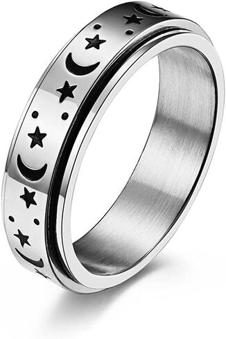 Black Moon Star Rotatable Titanium Stainless Steel Fidget Band Rings for Women Men Dainty Anti Anxiety Stress Relief Spinner Rings Minimalist Statement Promise Couple Rings for Boyfriend Girlfriend Son Daughter Christmas New Year Gifts in Saudi Arabia