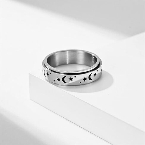 Black Moon Star Rotatable Titanium Stainless Steel Fidget Band Rings for Women Men Dainty Anti Anxiety Stress Relief Spinner Rings Minimalist Statement Promise Couple Rings for Boyfriend Girlfriend Son Daughter Christmas New Year Gifts in Saudi Arabia