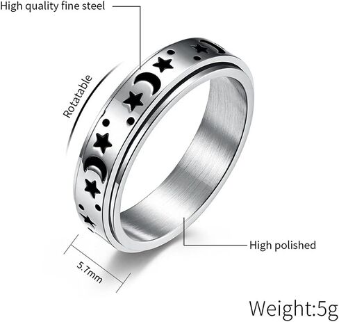 Black Moon Star Rotatable Titanium Stainless Steel Fidget Band Rings for Women Men Dainty Anti Anxiety Stress Relief Spinner Rings Minimalist Statement Promise Couple Rings for Boyfriend Girlfriend Son Daughter Christmas New Year Gifts in Saudi Arabia