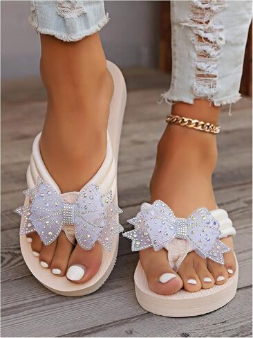 GORGLITTER Women's Bow Rhinestone Flip Flops Thong Open Toe Cute Wedge Sandals in Saudi Arabia
