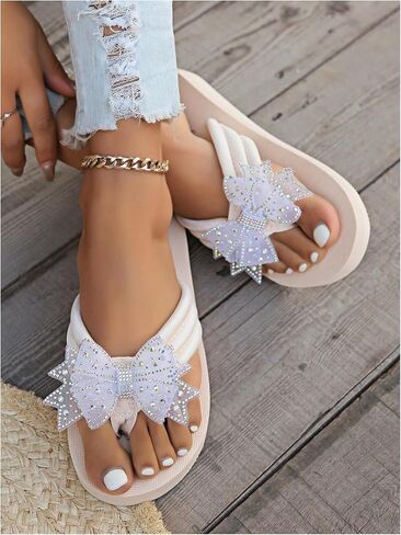 GORGLITTER Women's Bow Rhinestone Flip Flops Thong Open Toe Cute Wedge Sandals in Saudi Arabia