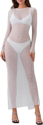 Women's Pear Cover Up Dress Sexy Sheer Mesh Bikini Long Sleeve Bodycon Swimsuit Swimwear Beach & Club Dress in Saudi Arabia