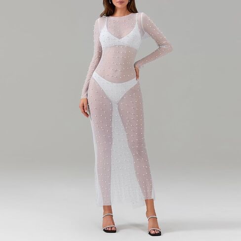 Women's Pear Cover Up Dress Sexy Sheer Mesh Bikini Long Sleeve Bodycon Swimsuit Swimwear Beach & Club Dress in Saudi Arabia