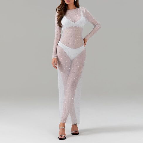 Women's Pear Cover Up Dress Sexy Sheer Mesh Bikini Long Sleeve Bodycon Swimsuit Swimwear Beach & Club Dress in Saudi Arabia