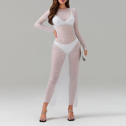 Women's Pear Cover Up Dress Sexy Sheer Mesh Bikini Long Sleeve Bodycon Swimsuit Swimwear Beach & Club Dress in Saudi Arabia