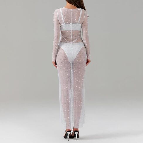 Women's Pear Cover Up Dress Sexy Sheer Mesh Bikini Long Sleeve Bodycon Swimsuit Swimwear Beach & Club Dress in Saudi Arabia