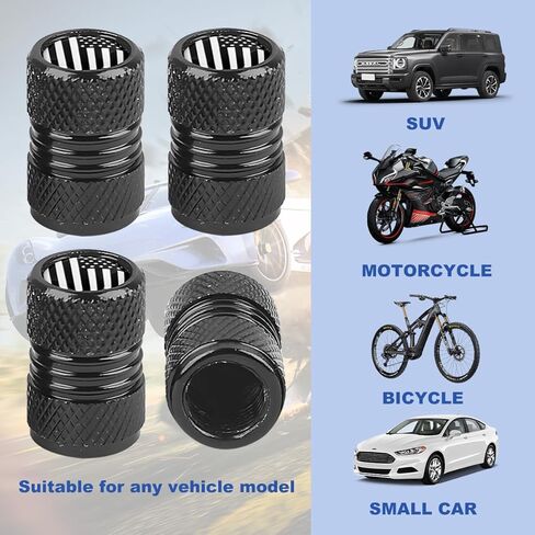 Ameican Flag Car Tire Valve Stem Caps, 4PCS Aluminum Alloy Vehicle Wheel Valve Protection Cover, Patriotic Auto Tyre Air Protector, Universal for Truck, Bicycle, Motorcycle (Black) in Kuwait