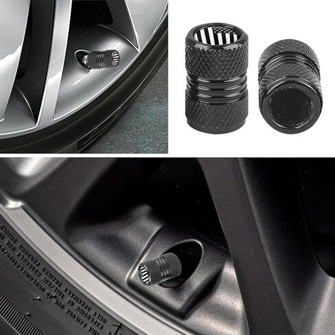 Ameican Flag Car Tire Valve Stem Caps, 4PCS Aluminum Alloy Vehicle Wheel Valve Protection Cover, Patriotic Auto Tyre Air Protector, Universal for Truck, Bicycle, Motorcycle (Black) in Kuwait