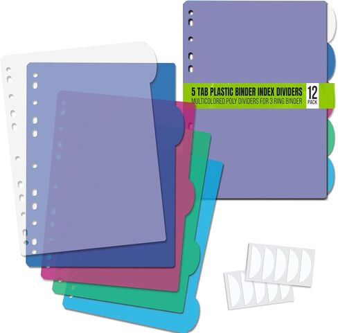Better Office Products 5 Tab Plastic Binder Index Dividers, Large Rounded Index Tabs, 12 Pack, Multicolored Poly Dividers for 3 Ring Binder, with White Labels, 12 Sets in Saudi Arabia