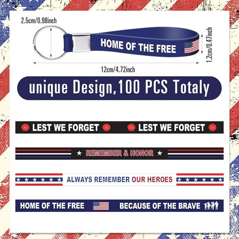 Cunno 100 Pcs Memorial Day Silicone Keychains Patriotic Veteran Gift Bulk Military Keychains Retirement Supplies American Flag Key Rings for Memorial Independence Day Army Fan Party Favor in Saudi Arabia