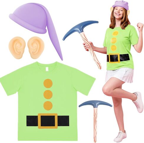 Halloween Dwarf Costume Set, Dwarf T-shirt Gnome Hat Fake Ears Pickaxe for Party Cosplay Gnome Costume Accessories in Saudi Arabia