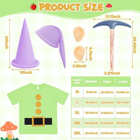 Halloween Dwarf Costume Set, Dwarf T-shirt Gnome Hat Fake Ears Pickaxe for Party Cosplay Gnome Costume Accessories in Saudi Arabia
