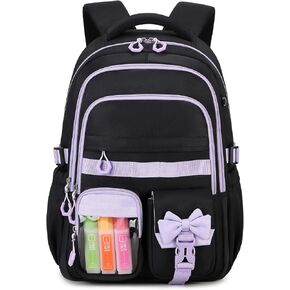 حقيبة ظهر للفتيات، حقيبة كتب بجيوب متعددة للمدرسة المتوسطة والابتدائية، حقيبة ظهر للأطفال Kawaii ذات سعة كبيرة للفتيات (أسود أرجواني) in Kuwait