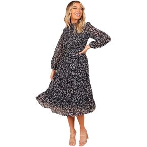 Petal & Pup Women's Edwina Shirred Frill Long Sleeve Midi Dress in Saudi Arabia