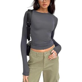 Women's Long Sleeve Shirts Slim Fit Going Out Crop Tops Casual Solid Color Crew Neck Tee Tight Streetwear in Saudi Arabia