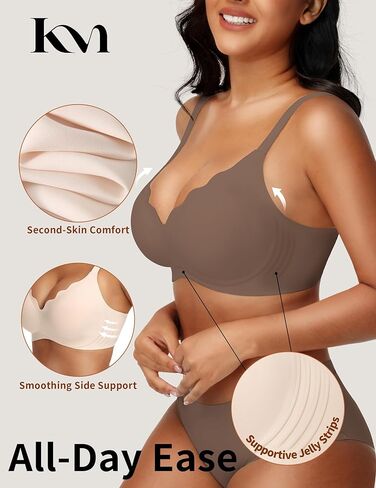 Wireless Supportive Lift Bra - Seamless No Underwire Push Up & Side Back Smoothing for Women Full Coverage, Scalloped Tshirt Bralette - Coffee L in Kuwait