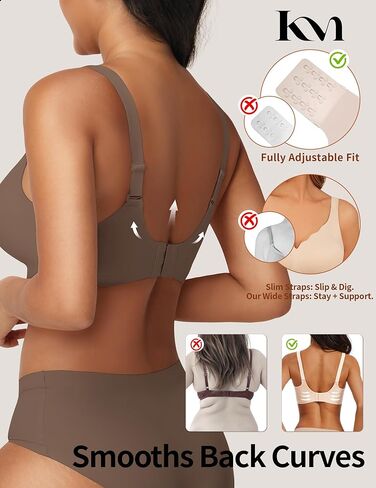 Wireless Supportive Lift Bra - Seamless No Underwire Push Up & Side Back Smoothing for Women Full Coverage, Scalloped Tshirt Bralette - Coffee L in Kuwait