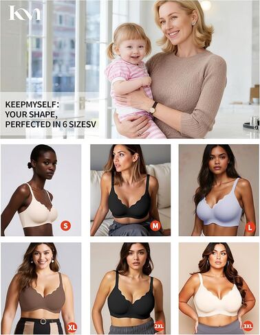 Wireless Supportive Lift Bra - Seamless No Underwire Push Up & Side Back Smoothing for Women Full Coverage, Scalloped Tshirt Bralette - Coffee L in Kuwait