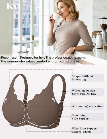 Wireless Supportive Lift Bra - Seamless No Underwire Push Up & Side Back Smoothing for Women Full Coverage, Scalloped Tshirt Bralette - Coffee L in Kuwait