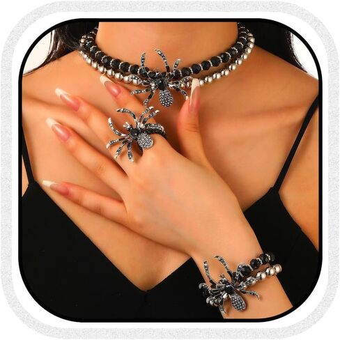 Gothic Choker Necklace Set Rhinestone Spider Necklaces Bracelet Rings Set Beads Halloween Necklace Jewelry Set for Women in Saudi Arabia
