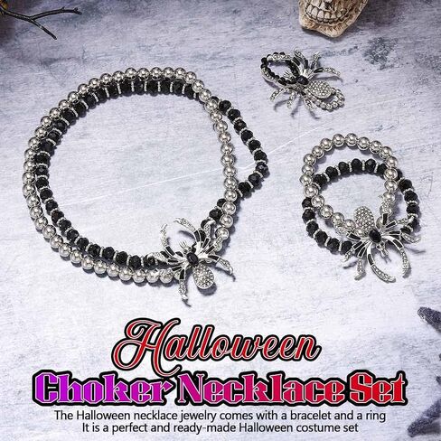 Gothic Choker Necklace Set Rhinestone Spider Necklaces Bracelet Rings Set Beads Halloween Necklace Jewelry Set for Women in Saudi Arabia
