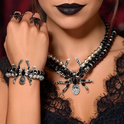 Gothic Choker Necklace Set Rhinestone Spider Necklaces Bracelet Rings Set Beads Halloween Necklace Jewelry Set for Women in Saudi Arabia