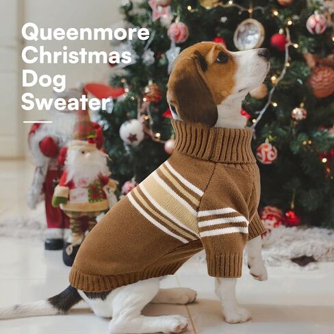 Queenmore Dog Striped Knitted Sweater, Turtleneck Pullover Pet Coat, Dog Winter Clothes with Leash Hole for Small Medium &Large Dogs(Brown,S) in Kuwait