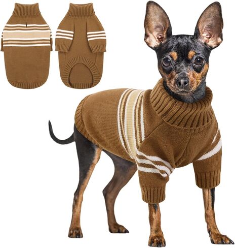 Queenmore Dog Striped Knitted Sweater, Turtleneck Pullover Pet Coat, Dog Winter Clothes with Leash Hole for Small Medium &Large Dogs(Brown,S) in Kuwait