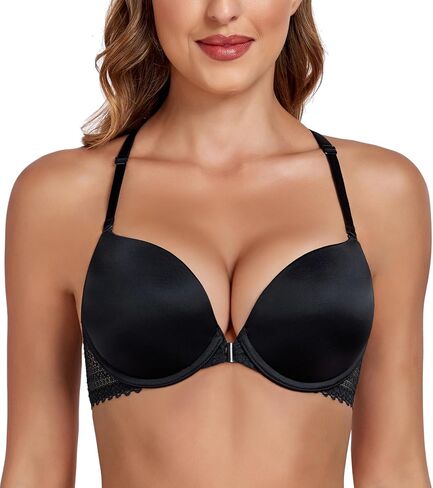 Lemorosy Women's Push Up Front Closure Bra Plunge Smooth Tshirt Padded Comfortable Bra Multiway Convertible Racerback Lace in Saudi Arabia