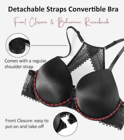 Lemorosy Women's Push Up Front Closure Bra Plunge Smooth Tshirt Padded Comfortable Bra Multiway Convertible Racerback Lace in Saudi Arabia