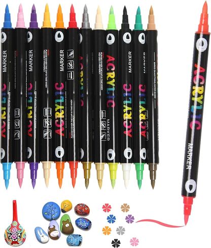 24 Colors Acrylic Paint Markers,Dual Tip Drawing Marker Pen for Rock Painting,Ceramic,Wood,Plastic,Calligraphy,Scrapbooking,Brush Lettering,Card Making,DIY Crafts in Saudi Arabia