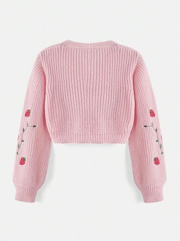 MakeMeChic Women's Strawberry Embroidery Lantern Sleeve V Neck Button Down Cardigan Knit Tops in Saudi Arabia