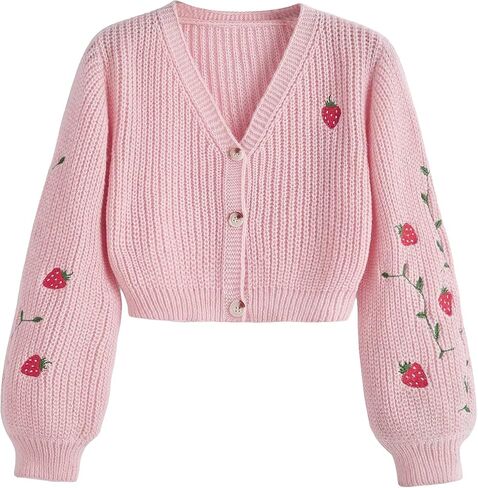 MakeMeChic Women's Strawberry Embroidery Lantern Sleeve V Neck Button Down Cardigan Knit Tops in Saudi Arabia