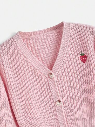 MakeMeChic Women's Strawberry Embroidery Lantern Sleeve V Neck Button Down Cardigan Knit Tops in Saudi Arabia