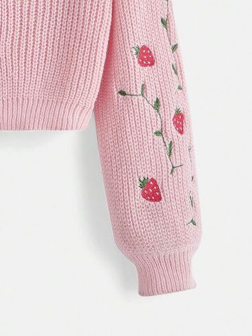 MakeMeChic Women's Strawberry Embroidery Lantern Sleeve V Neck Button Down Cardigan Knit Tops in Saudi Arabia