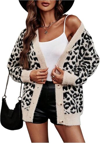 WDIRARA Women's Leopard Knit Button Up Cardigan Fuzzy Sweater V Neck Long Sleeve Outerwear in Saudi Arabia