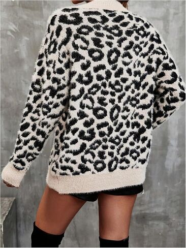 WDIRARA Women's Leopard Knit Button Up Cardigan Fuzzy Sweater V Neck Long Sleeve Outerwear in Saudi Arabia