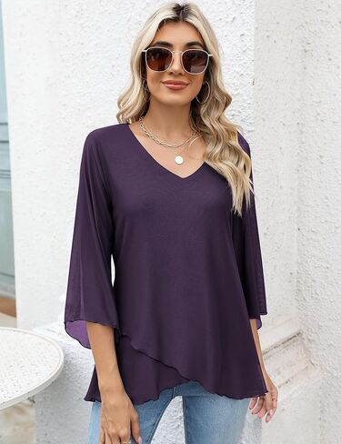Women's V Neck 3/4 Sleeve Blouse Loose Fit Casual Mesh Tunic Double Layer Shirt in Saudi Arabia