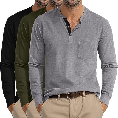Riyiper 3 Pack Men's Long Sleeve Henley Shirts with Pocket Slim Fit Round Neck Casual Tops with Button Basic Tee in Kuwait