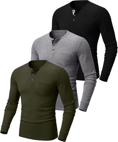 Riyiper 3 Pack Men's Long Sleeve Henley Shirts with Pocket Slim Fit Round Neck Casual Tops with Button Basic Tee in Kuwait