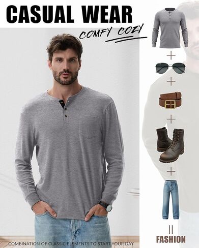 Riyiper 3 Pack Men's Long Sleeve Henley Shirts with Pocket Slim Fit Round Neck Casual Tops with Button Basic Tee in Kuwait